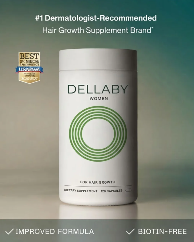 DELLABY Women hair growth supplement bottle, #1 dermatologist-recommended hair growth supplement brand