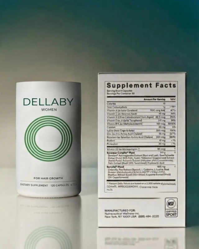 DELLABY Women bottle beside the carton showing supplement facts